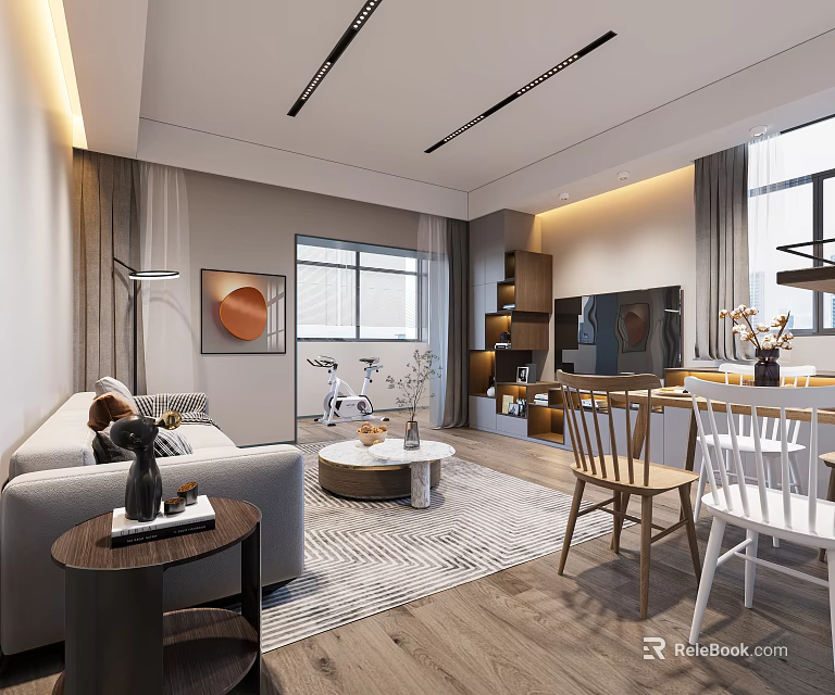 Modern Living Dining Room Interior With Sofa Coffee Table TV And Dining Chairs 3d model 