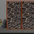 Courtyard Garden Featuring Orange Metal Grid Screen Stones Rock Formations Green Plants On Gravel Ground
