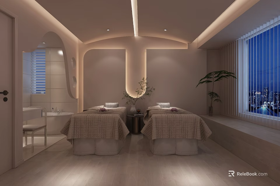 Modern Spa Sauna Interior Design With Massage Beds Green Plants And Soft Lighting 3d model 