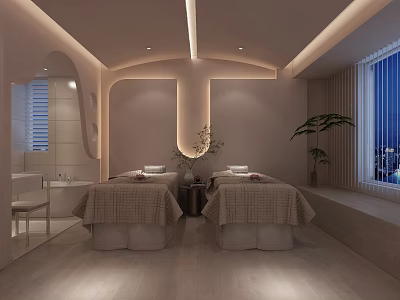 Modern Spa Sauna Interior Design With Massage Beds Green Plants And Soft Lighting 3d model