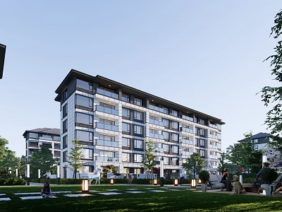 Modern Multi Story Residential Building With Green Lawn And Outdoor Leisure Spaces 3d model