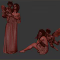 Two Women With Angels Holding And Sitting In Purple Dress Red Skirt Featuring Wings Halos