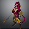 Mythical Warrior Character With Red Hair Golden Armor And Dragon Staff Tail