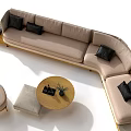 Modern L Shaped Sofa With Beige Upholstery Black Cushions And Round Wooden Coffee Table