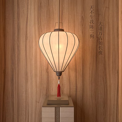 Traditional Chinese Paper Lantern With Black Frame And Red Tassel On Wooden Background 3d model