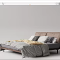 Modern Double Bed Setup With Leather Headboard Soft Striped Bedding And Gray Linen