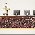 Modern Reception Desk With Wooden Countertop Three Computer Monitors Vase Yellow Flowers And Logo