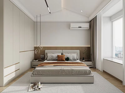 Modern Bedroom Interior With White Wardrobe Striped Rug Wooden Floor And Pendant Lights 3d model