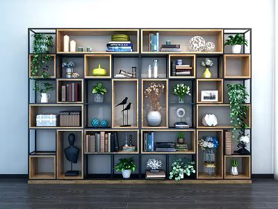 Modern Open Design Bookcase with Multiple Shelves Storing Books Decor and Green Plants 3d model