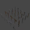 Assorted Weapons Collection Featuring Swords Axes Hammers in Diverse Colors Radial Arrangement