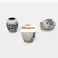 Three White And Blue Ceramic Jars With Decorative Patterns On White Surface 3d model