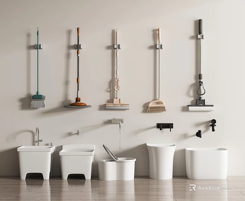 Organized Home Cleaning Tools With Wall Mounted Mops And White Buckets 3d model