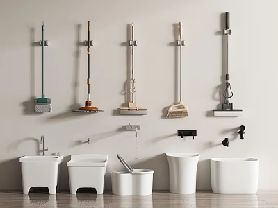 Organized Home Cleaning Tools With Wall Mounted Mops And White Buckets 3d model