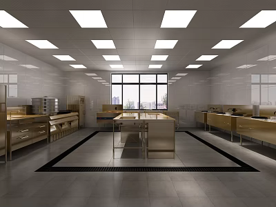 Commercial Catering Kitchen With Stainless Steel Workstations Large Windows Tiled Walls And Recessed Lights 3d model