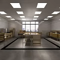 Commercial Catering Kitchen With Stainless Steel Workstations Large Windows Tiled Walls And Recessed Lights