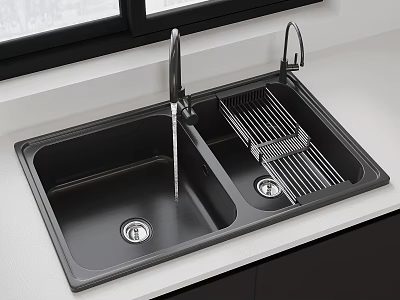 Modern Black Double Bowl Kitchen Sink With Faucet And Drain Rack On Countertop 3d model