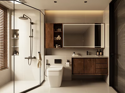 Modern Bathroom Interior With Glass Shower Enclosure Wooden Vanity Mirror White Toilet And Blinds 3d model