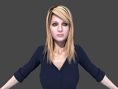 Woman with long blonde hair wearing dark blue V neck shirt against gray background 3d model