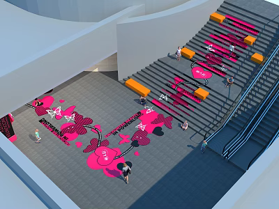Modern Tobacco and Liquor Store Space with Staircase Pink Decorations and People Walking 3d model