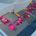 Modern Tobacco and Liquor Store Space with Staircase Pink Decorations and People Walking