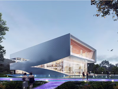 Modern Sales Office Building Featuring Geometric Glass Facade And Landscaped Water Gardens 3d model