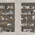 Neutral Tone Decorative Ornaments Arrangement On Minimalist Wall Shelves With Vases Sculptures And Books