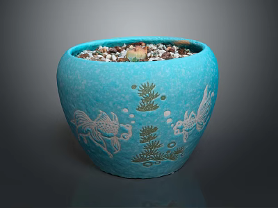 Succulent Plant In Blue Ceramic Pot With Fish And Seaweed Patterns And Small Pebbles 3d model