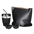 Black Accessory Set With Leather Bag Sunglasses And Insulated Cup With Gold Accent 3d model