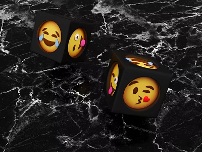 Black Emoji Dice With Fun Emoji Faces On Black Marble Surface 3d model