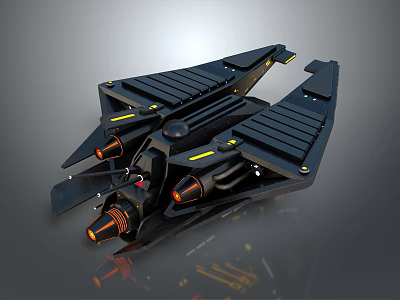 Futuristic Black Spacecraft Featuring Yellow Accents Orange Thrusters And Aerodynamic Wing Design 3d model