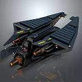 Futuristic Black Spacecraft Featuring Yellow Accents Orange Thrusters And Aerodynamic Wing Design