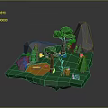 Low Poly 3D Forest Landscape With Green Trees Gray Rocks Campfire And Wooden Barrel