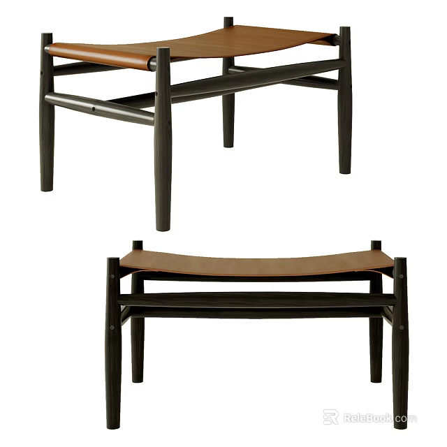 Modern Minimalist Stool with Black Wooden Frame and Brown Leather Seat Design 3d model 