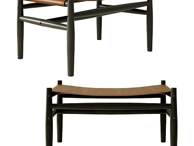 Modern Minimalist Stool with Black Wooden Frame and Brown Leather Seat Design 3d model