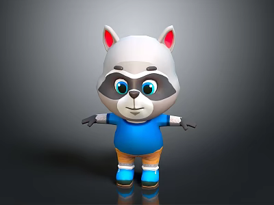 Cute 3D Cartoon Raccoon Game Character With Red Ears Blue Shirt And Orange Shorts 3d model