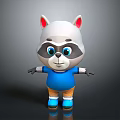 Cute 3D Cartoon Raccoon Game Character With Red Ears Blue Shirt And Orange Shorts