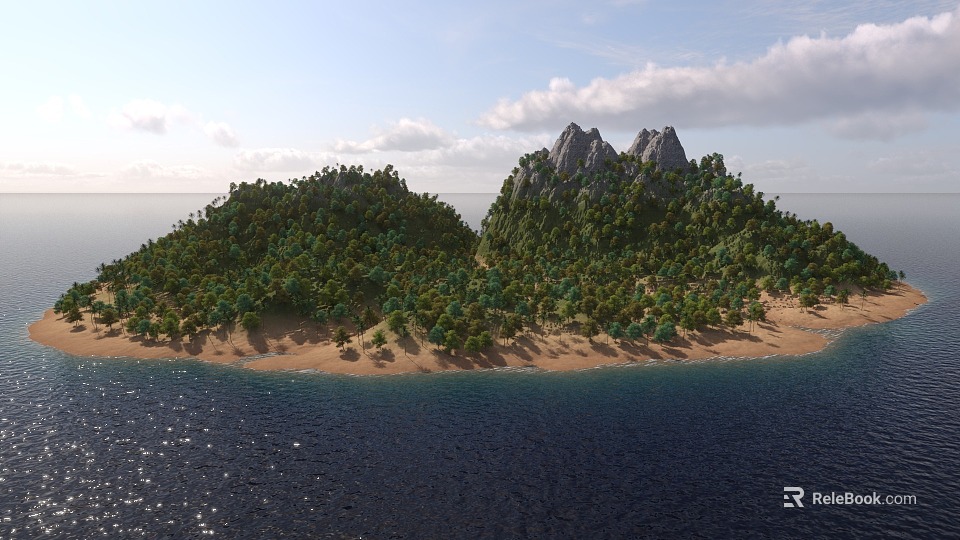 Tropical Island Landscape With Lush Green Vegetation Rocky Peaks And Sandy Beach By Ocean 3d model 