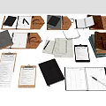 Assorted Notebooks in Black Brown with Pens Folders Clipboards on White Background