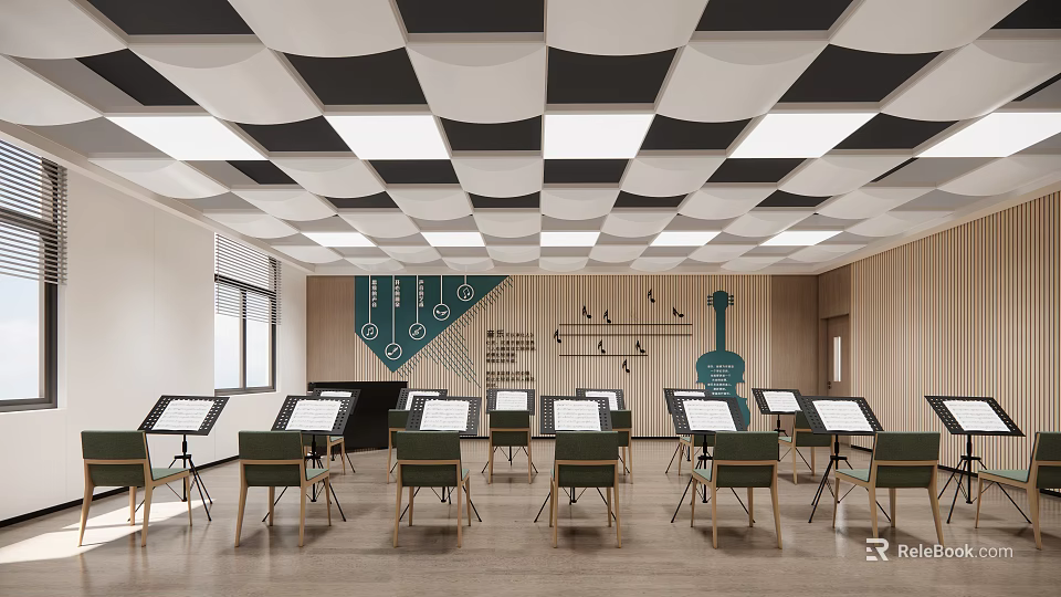 Art Book Classroom With Music Stands Green Violin Decor Wooden Walls And Checkered Ceiling 3d model 