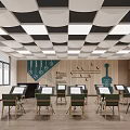 Art Book Classroom With Music Stands Green Violin Decor Wooden Walls And Checkered Ceiling