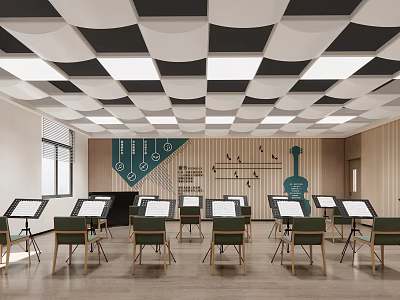 Art Book Classroom With Music Stands Green Violin Decor Wooden Walls And Checkered Ceiling 3d model