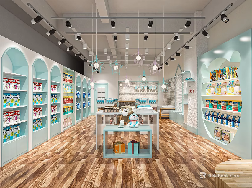 Elegant Specialty Store Interior Featuring Light Blue Walls Arched Designs Wooden Flooring And Product Shelves 3d model 