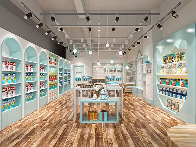 Elegant Specialty Store Interior Featuring Light Blue Walls Arched Designs Wooden Flooring And Product Shelves 3d model
