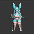 Turquoise Bunny Eared Game and Movie Character With White Hair Pink Eyes Striped Clothing