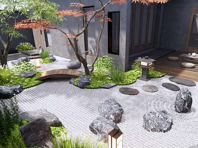 Japanese Courtyard Garden Design Featuring Stones Green Plants Trees And Stone Lantern 3d model