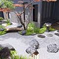 Japanese Courtyard Garden Design Featuring Stones Green Plants Trees And Stone Lantern