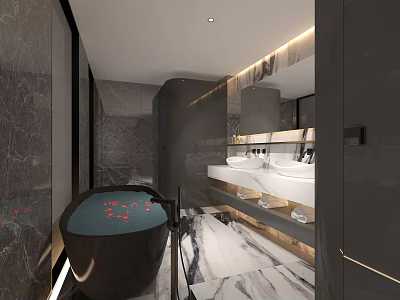 Luxury Modern Dark Marble Bathroom Interior With Freestanding Bathtub Double Sink Vanities And Warm Lighting 3d model