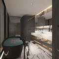 Luxury Modern Dark Marble Bathroom Interior With Freestanding Bathtub Double Sink Vanities And Warm Lighting
