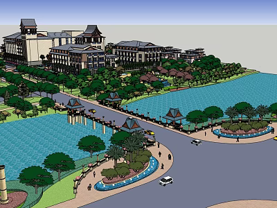 Scenic Hotel Building Featuring Traditional Roof Design Lakeside Green Landscape and Trees 3d model