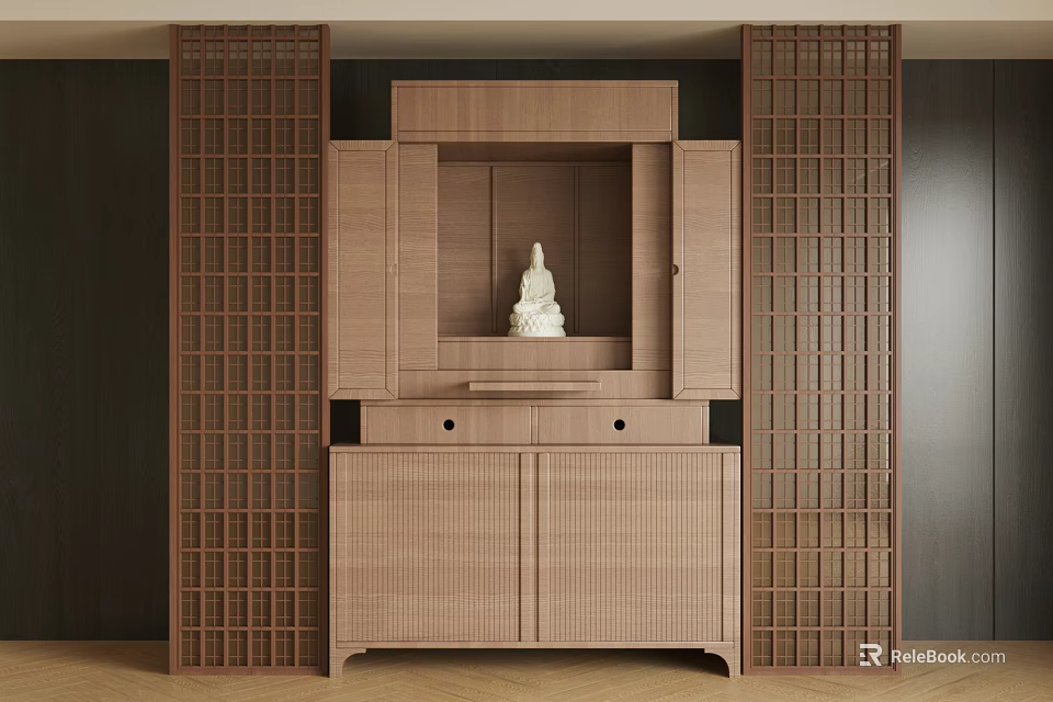 Traditional Wooden Buddhist Shrine Cabinet With Central Buddha Statue And Side Lattice Screens 3d model 